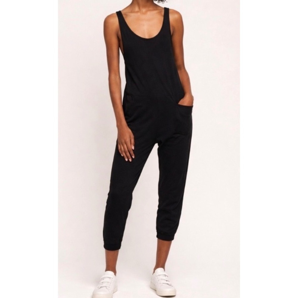 For Days Black Organic Cotton Jogger Jumpsuit Sleeveless Pockets Large